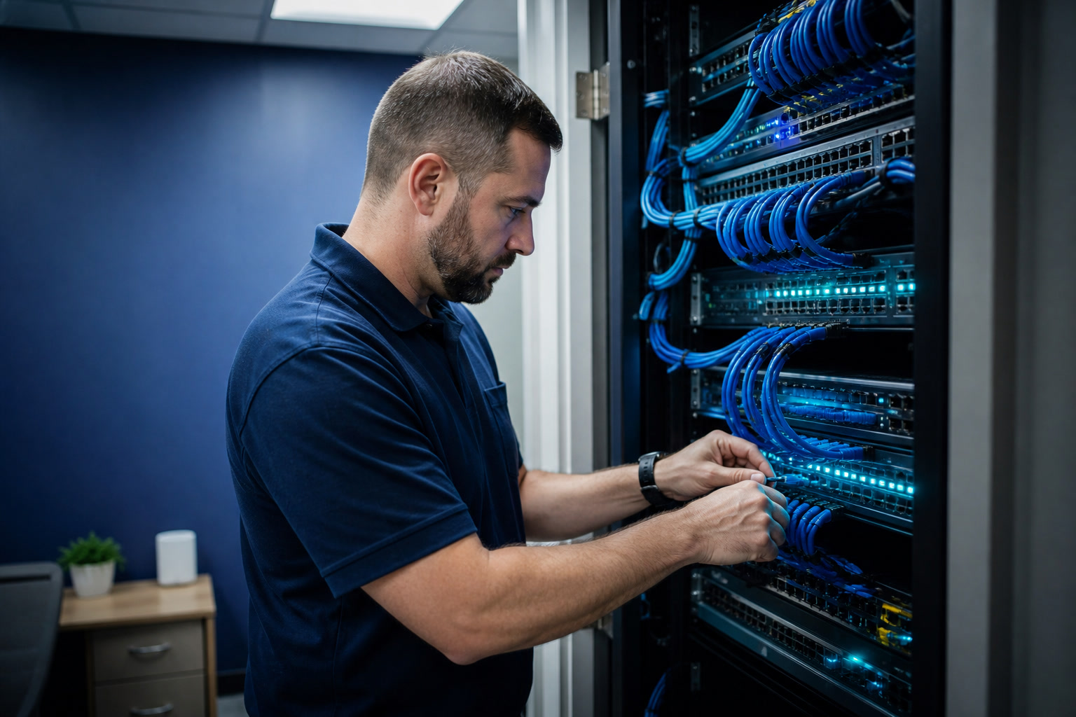 Business network rack, switches, and firewall